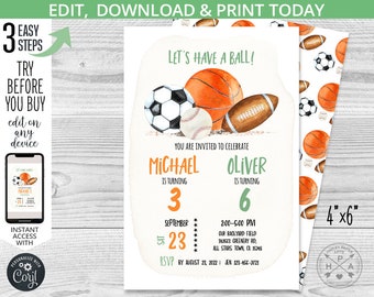 Let's have a ball joint birthday invitation balls all stars boys party invite double game activities party. Editable card design. 204HPA 08