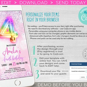 May include: A pink and purple digital invitation for a fourth birthday party. The invitation features a rainbow balloon shaped like the number four. The text on the invitation reads "Join us to celebrate Amelia's fourth birthday, Sunday, June 25, 5:30 PM - 8:00 PM".