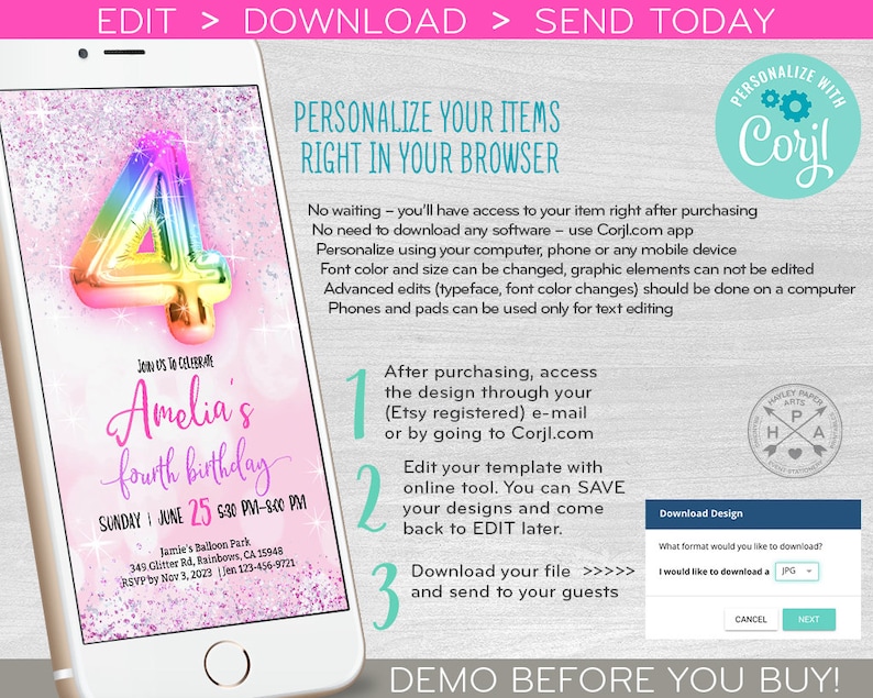 May include: A pink and purple digital invitation for a fourth birthday party. The invitation features a rainbow balloon shaped like the number four. The text on the invitation reads "Join us to celebrate Amelia's fourth birthday, Sunday, June 25, 5:30 PM - 8:00 PM".