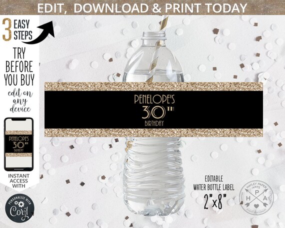 Black and white gold glitter water bottle label, art deco retro golden birthday party. Anniversary, jubilee. Editable template. 202HPA 10 C Il_570xn