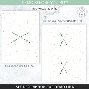 May include: Two printable designs for a 5x7 inch card featuring a pair of crossed arrows with a watercolor effect on a white background with gold speckles. The designs are shown as a single card file and two cards on a US Letter size sheet.