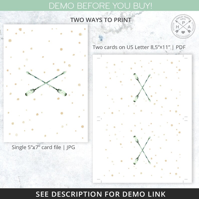 May include: Two printable designs for a 5x7 inch card featuring a pair of crossed arrows with a watercolor effect on a white background with gold speckles. The designs are shown as a single card file and two cards on a US Letter size sheet.