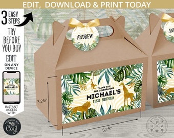 Jungle geschenkdooslabels, naamplaatjes voor gasten. Behandel gunst afhaalgevel wild één safari gouden dieren verjaardag. Bewerkbare afdrukbare. 040HPA 28 B