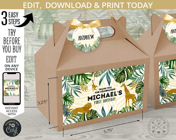 EDITABLE Jungle gift box labels, guest name tags. Handle favor takeway gable box stickers Safari gold animals birthday wild one. 040HPA 28 B Il_570xn