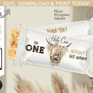 May include: Printable Rice Krispies treat bag labels featuring a Highland cow illustration with the text "Holy Cow, I'm One" and "Anthony's First Birthday". The labels are 5 inches by 6 inches and come two per page.