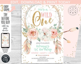 EDITABLE She's a wild one first birthday dreamcatcher blush pink gold boho girl party invitation. Instant access to the template. 122HPA 06C