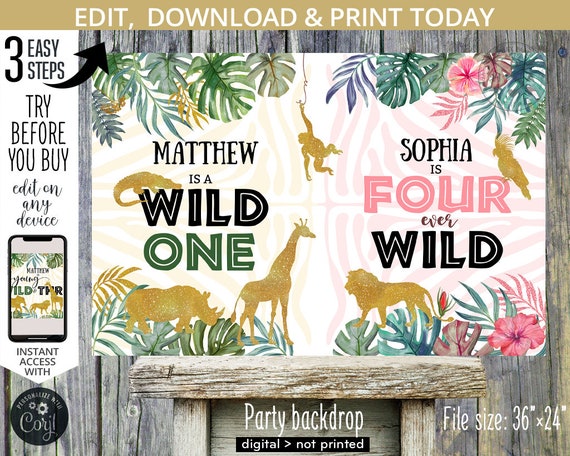Jungle wild one four joint party backdrop 36x24 1st first 4th fourth boy girl siblings birthday safari sign. Editable printable. 040HPA 80 B Il_570xn