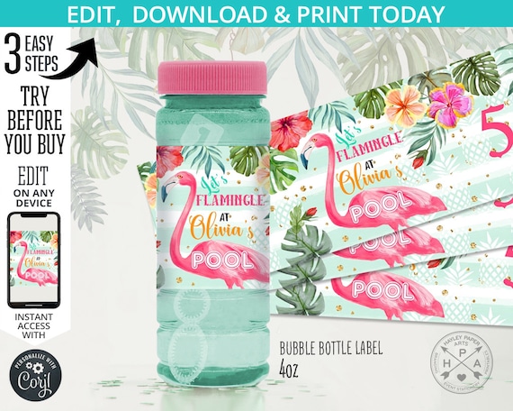 EDITABLE Flamingo pool party bubble bottle labels any age let's flamingle tropical pineapple birthday. Instant access to template. 044HPA 20 Il_570xn