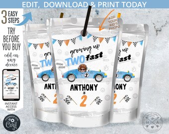 Two fast vintage race car juice bag label, racing cars juice bags, vintage blue car, birthday party. Editable printable. 212HPA 31 B
