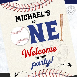 May include: A baseball-themed birthday party invitation with a red, white, and blue color scheme. The invitation features a baseball, a bat, and the text "MICHAEL'S is ONE! Welcome to the party!"