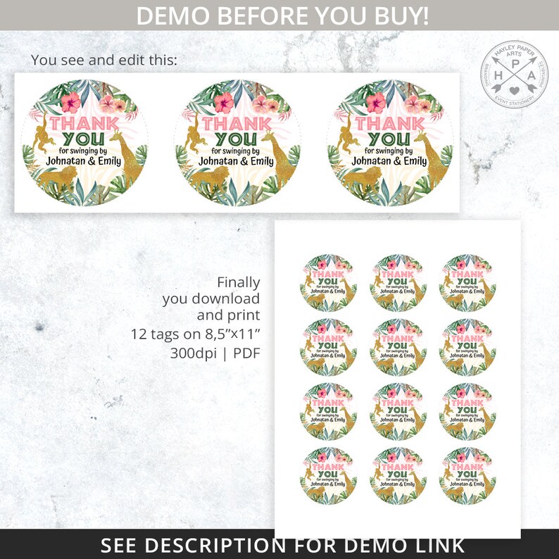 May include: Twelve jungle-themed thank you favor tags with pink and gold accents. The tags feature a giraffe, a monkey, and tropical leaves. The text on the tags reads "Thank You for swinging by Johnatan & Emily".