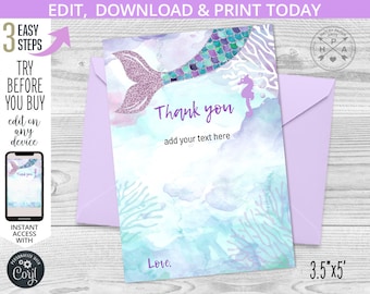 May include: A purple and blue watercolor thank you card with a glitter mermaid tail and a seahorse. The card is 3.5 inches by 5 inches and says "Thank you" with space to add text.