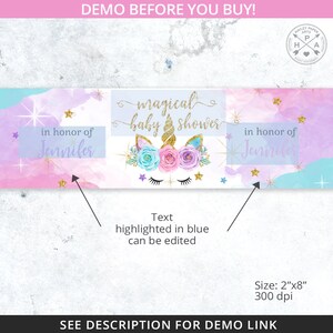 May include: A printable baby shower banner with a unicorn illustration and the text "magical baby shower" in gold glitter font. The banner is decorated with pink, purple, and blue watercolor backgrounds and gold stars. The text "in honor of Jennifer" appears on both sides of the banner.