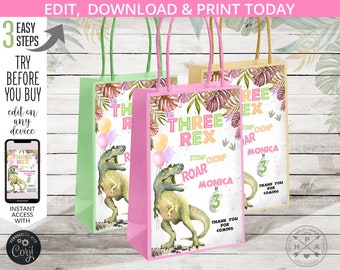 Dinosaur three rex paper bag label, gift labels, T-Rex dino third girl birthday party, dino favor label. Editable printable. 137HPA 25 A