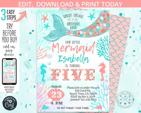 Mermaid birthday under the sea turquoise coral mint blues gold invitation girl party fifth invite invitations. Editable template. 160HPA 06 Il_570xn