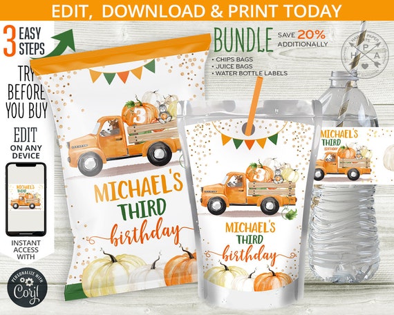BUNDLE Pumpkin truck chips and juice bag, snacks treat bags, water bottle label, chips pouch, favors, any age. Editable template. 134HPA 30 Il_570xn