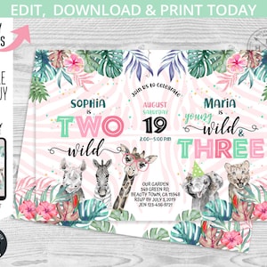 May include: Pink and green birthday invitation with a zebra print background. The invitation says "Sophia is Two Wild" and "Maria is Young Wild & Three". It also includes a giraffe, zebra, rhino, elephant, and leopard.