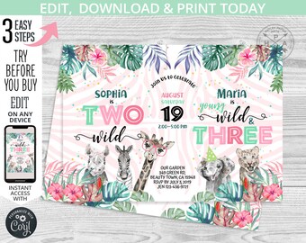 Safari joint party Wild girl TWO girl THREE birthday invitation second 2nd 3rd jungle sisters animals greenery. Editable template. 125HPA 27