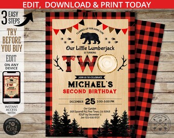 Lumberjack second birthday editable invitation ONE bear red plaid boy 2nd party invite wild woodland bear. Instant template. 133HPA 05 B
