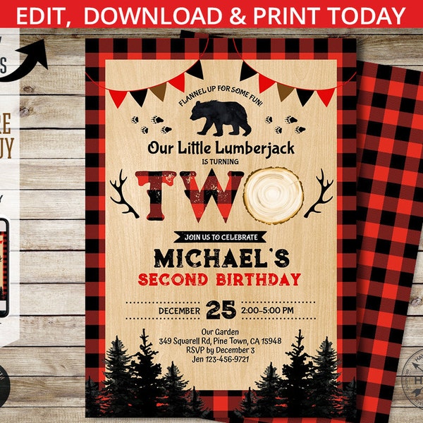 Lumberjack second birthday editable invitation ONE bear red plaid boy 2nd party invite wild woodland bear. Instant template. 133HPA 05 B