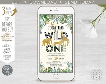 Jungle wild one electronic invitation gold safari animals birthday sms smartphone e-vite, digital online invite. 400HPA E040 01 040HPA