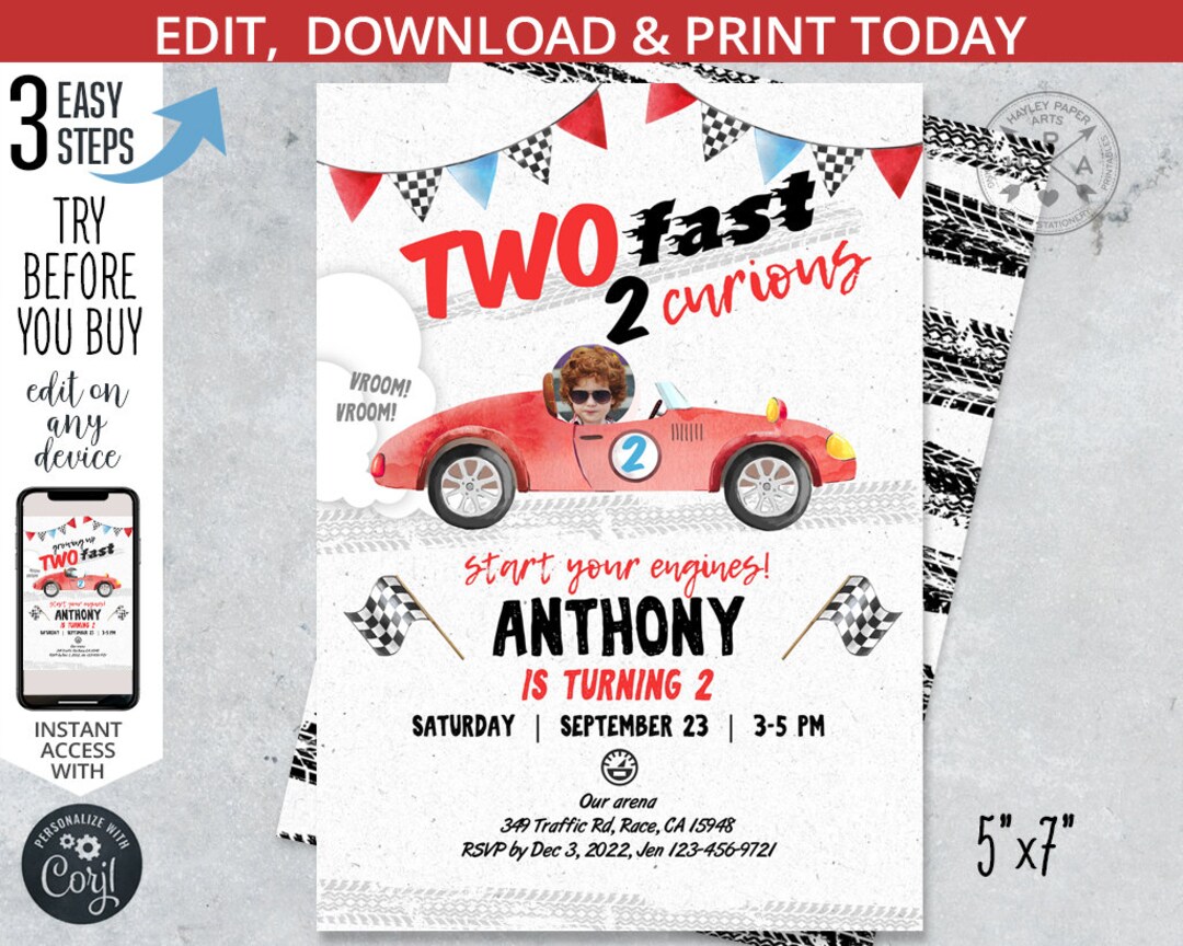 Two Fast Vintage Race Car Birthday Invitation, Two Fast 2 Curious 2nd