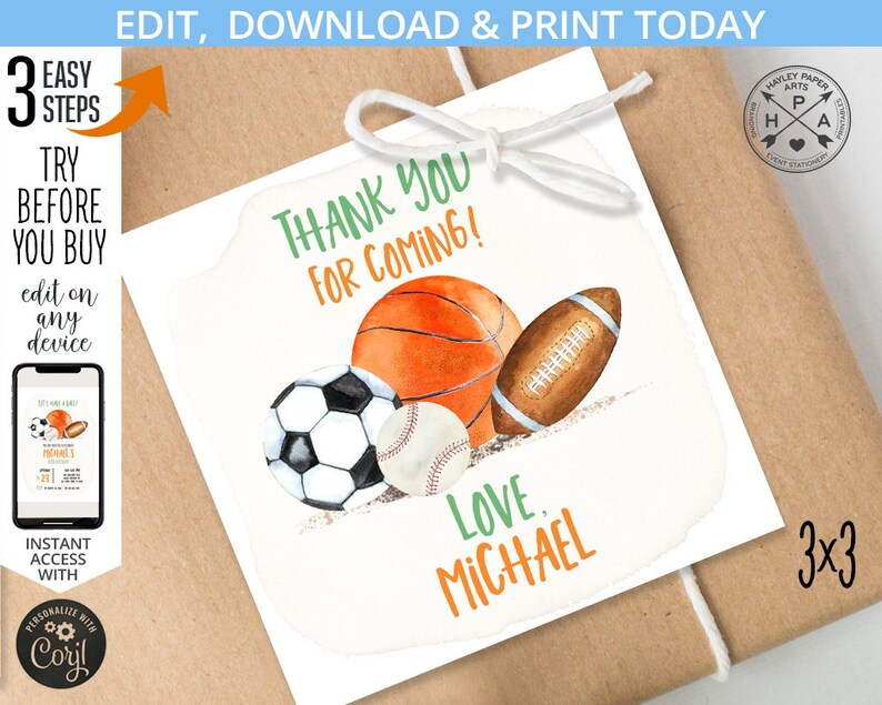 Op de afbeelding: Een wit bedankkaartje met een groen en oranje aquarelontwerp met een basketbal, voetbal, honkbal en American football. De tekst "Bedankt voor je komst!" staat in groen en oranje. De tekst "Lieve groet, Michael" staat in groen. Het kaartje is 7,62 cm x 7,62 cm.