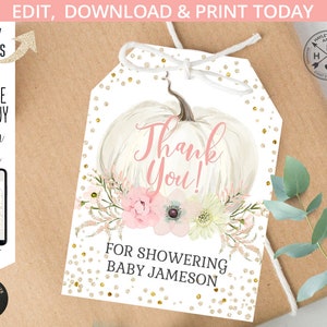 EDITABLE Thank you gift tag baby shower pumpkin tags. Pink pastel gold confetti. Instant access to template. Edited by you. 001HPA 09 202HPA