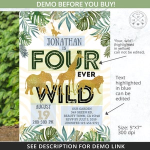 Jungle FOUR ever WILD gold birthday invitation safari photo boy fourth 4th party animals elephant. Printable template. Editable. 040HPA 22 image 3