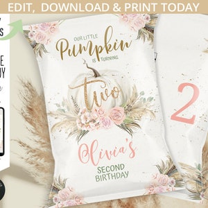 Pumpkin pampas grass chips bag, snacks treat bags, chip pouch, wrapper, second or any age beige birthday party editable template 171HPA 30 E image 1