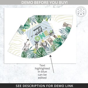Safari party hat template animals wild one first birthday jungle celebration party DIY supplies. Editable personalized printable 124HPA 58 A image 3