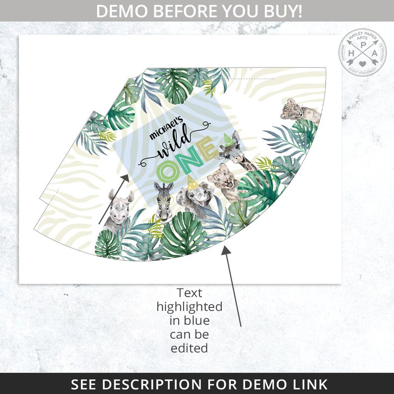 Safari party hat template animals wild one first birthday jungle celebration party DIY supplies. Editable personalized printable 124HPA 58 A image 3