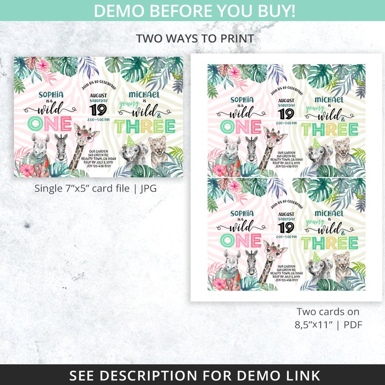 May include: Two printable invitations for a child's birthday party. The invitations feature a jungle theme with pink and green colors. The text on the invitations reads "Sophia is wild one" and "Michael is young & wild three".