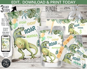 BUNDLE Dinosaur chips bag, juice bags, rice krispies wrap, dino T-Rex pack any age boy party pack birthday. Editable printables. 139HPA 41