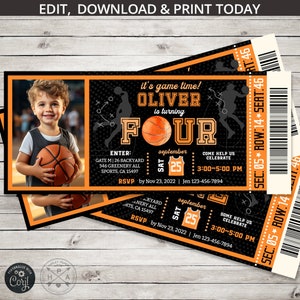 Sports de basket-ball quatrième anniversaire billet invitation all stars boy QUATRE jeux de ballon de fête activités de temps. Conception de carte modifiable. 218HPA 33 E