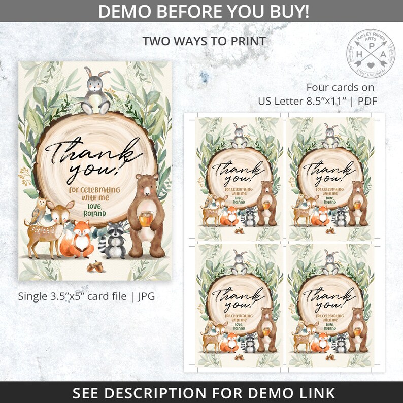 May include: Printable thank you cards featuring woodland animals, including a bear, deer, fox, owl, and raccoon. The cards are designed with a woodgrain background and green foliage. The text on the cards reads "Thank you! for celebrating with me Love, Roland".