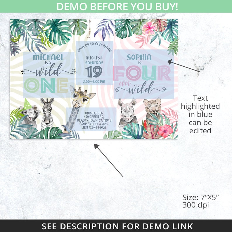 May include: A jungle-themed birthday invitation with a pink and green zebra print background. The invitation features a giraffe, zebra, rhino, and tiger. The text reads "Michael is wild one" and "Sophia is four ever wild".