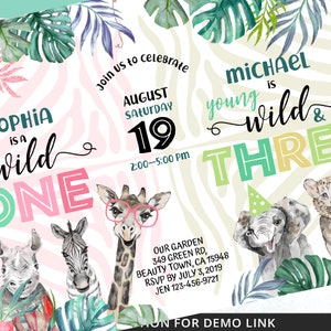 May include: A colorful invitation for a child's birthday party. The invitation features a jungle theme with animals like a giraffe, zebra, rhino, and elephant. The text on the invitation reads "Sophia is a wild one" and "Michael young is wild & three". The invitation also includes the date and time of the party, as well as the location and RSVP information.
