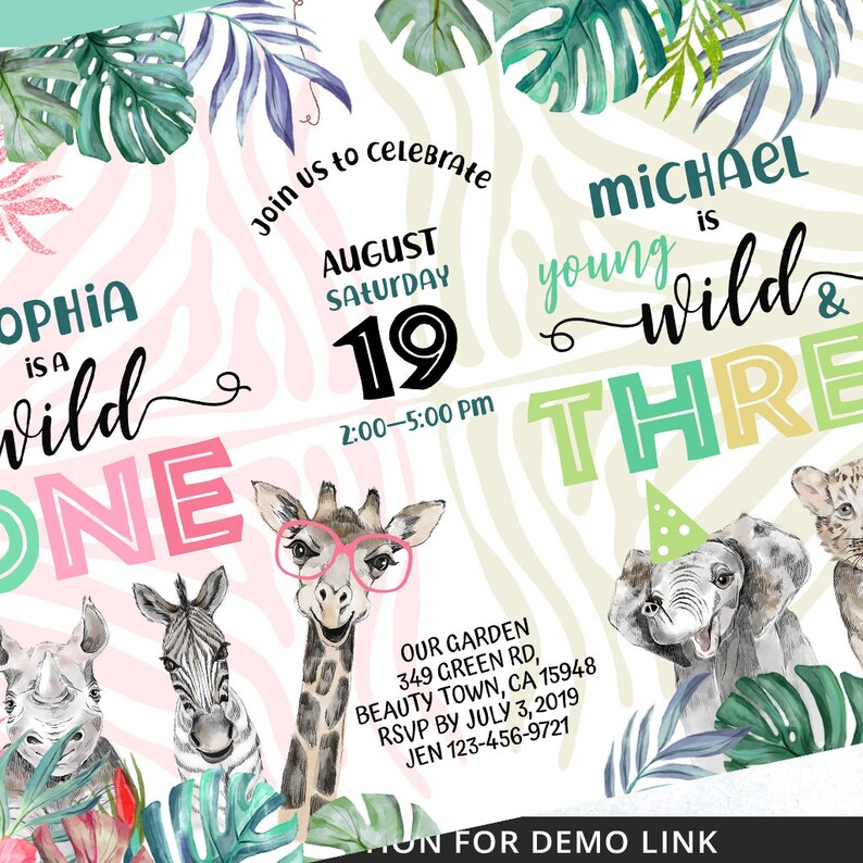 May include: A colorful invitation for a child's birthday party. The invitation features a jungle theme with animals like a giraffe, zebra, rhino, and elephant. The text on the invitation reads "Sophia is a wild one" and "Michael young is wild & three". The invitation also includes the date and time of the party, as well as the location and RSVP information.