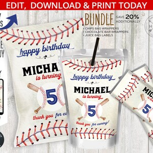 BUNDLE Baseball-Chips-Tasche, Saftetiketten, Schokoladentafel-Wrapper, Ballsportspiele für jedes Alter, Geburtstags-Party-Pack. Party-Ausdrucke. 191HPA 54