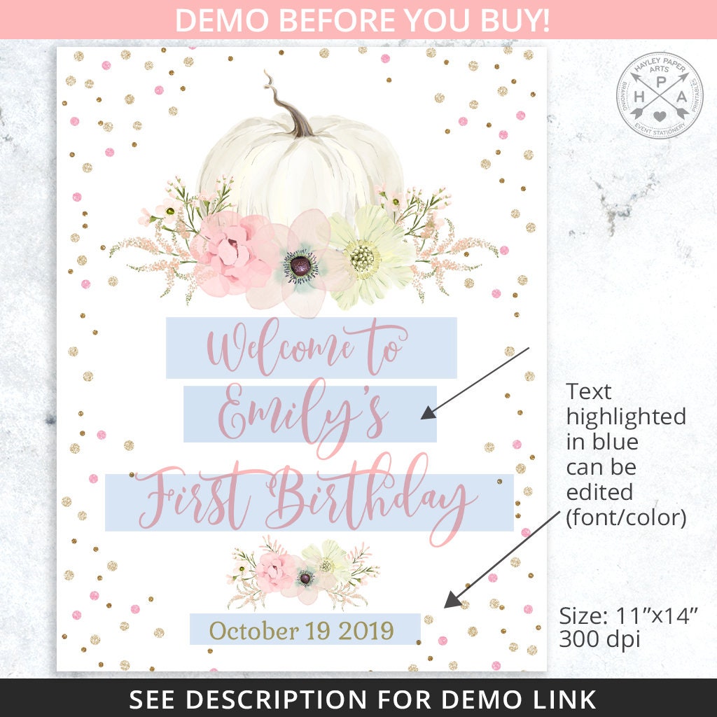 Pumpkin Welcome Sign Birthday Party Poster 11x14 Guestbook Board Pink ...