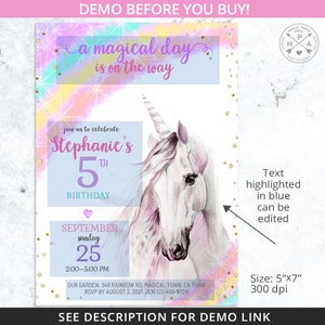May include: A printable invitation for a 5th birthday party featuring a unicorn with a rainbow background. The text says "a magical day is on the way" and "Join us to celebrate Stephanie's 5th Birthday".