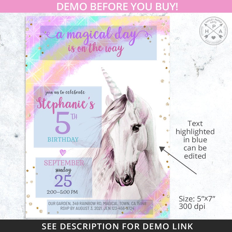 May include: A printable invitation for a 5th birthday party featuring a unicorn with a rainbow background. The text says "a magical day is on the way" and "Join us to celebrate Stephanie's 5th Birthday".