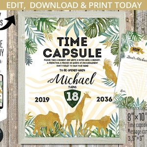 EDITIERBARE Time Capsule Dschungel Wilde Safari Baby Geburtstagsparty Zeichen und Botschaftskarte. Sofortiger Zugriff auf die Vorlage. 040HPA 17