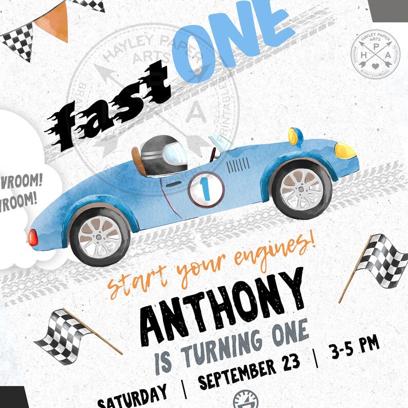 Fast ONE vintage race car birthday invitation, one speed 1st birthday party racing blue black retro car party. Editable printable. 212HPA 05 image 5