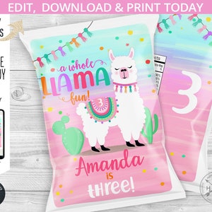 Llama fun chip bag, snacks treat bags, chips pouch, wrapper, cactus alpaca fiesta, any age birthday party editable template. 072HPA 30 A