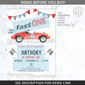 May include: A blue and white birthday invitation with a red race car and checkered flags. The text reads "fast ONE" and "start your engines! ANTHONY is turning ONE".