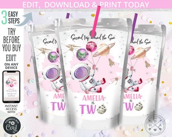 May include: Three printable juice box labels featuring a pink and white astronaut theme. The labels feature a watercolor illustration of an astronaut holding balloons with planets and stars. The text on the labels reads "Second trip around the Sun" and "Amelia is Two".