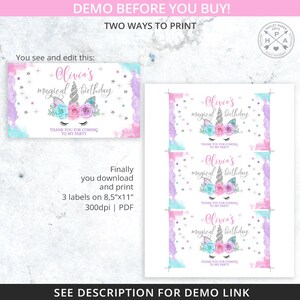May include: Printable unicorn birthday party favor labels with a watercolor background in shades of pink, purple, and blue. The labels feature a silver unicorn with flowers and the text "Olivia's magical birthday".