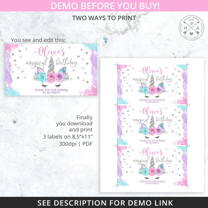 May include: Printable unicorn birthday party favor labels with a watercolor background in shades of pink, purple, and blue. The labels feature a silver unicorn with flowers and the text "Olivia's magical birthday".